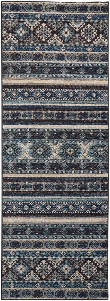 Nolan Transitional Diamond Blue Tan Black Area Rug (2'10" x 7'10")