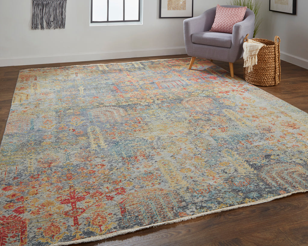 Siena Transitional Floral Botanical Blue Taupe Gold Area Rug (8'6" x 11'6")