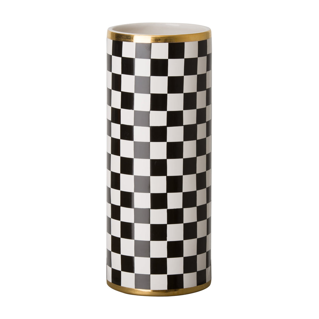 Torino Checker Vase, Black/White/Gold 7x17.5"H