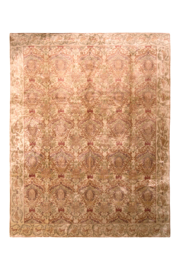 Hand-Knotted European-Style Rug Beige Pink And Green Silk Floral Pattern 10134