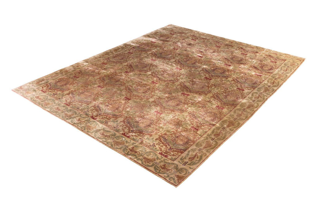 Hand-Knotted European-Style Rug Beige Pink And Green Silk Floral Pattern 10134