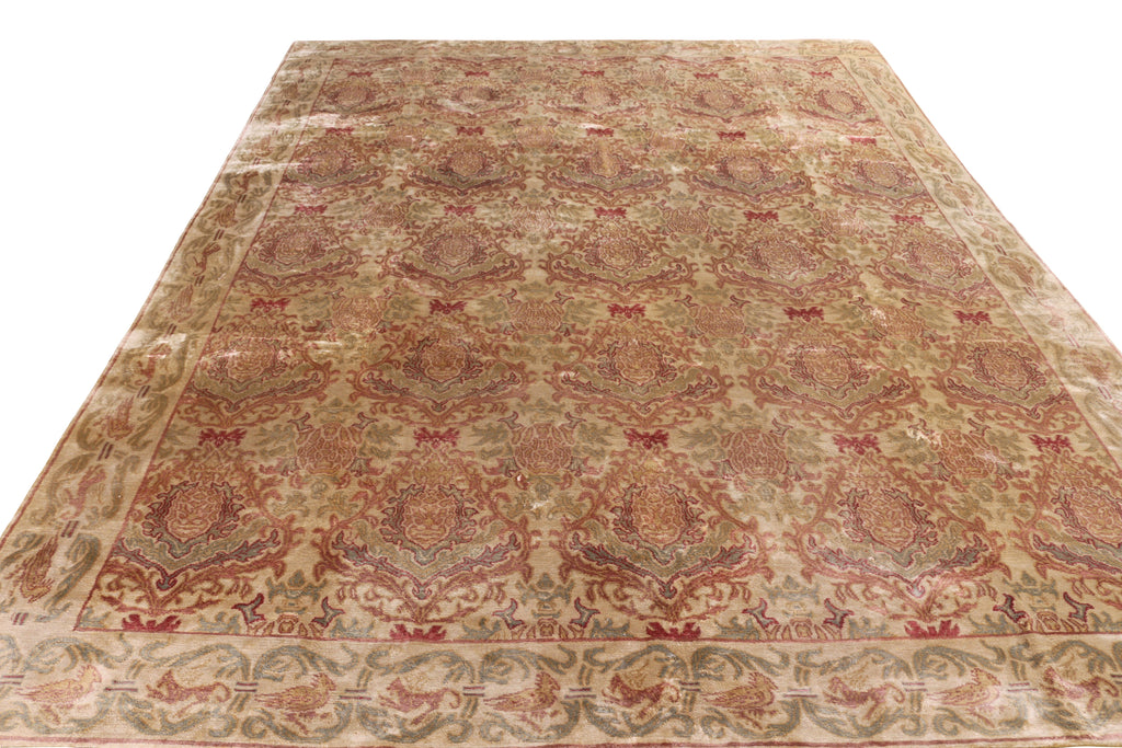 Hand-Knotted European-Style Rug Beige Pink And Green Silk Floral Pattern 10134