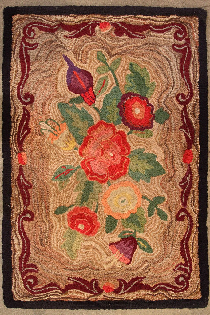 Antique Hand-Hooked Floral Beige-Brown And Red Wool Rug