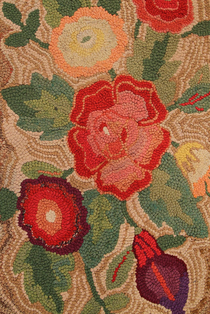 Antique Hand-Hooked Floral Beige-Brown And Red Wool Rug