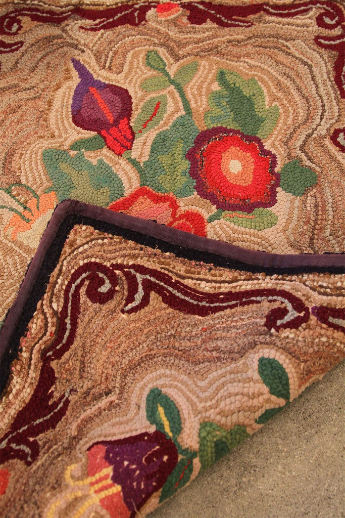 Antique Hand-Hooked Floral Beige-Brown And Red Wool Rug