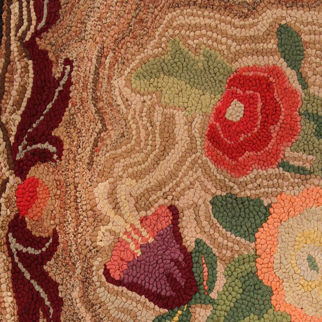 Antique Hand-Hooked Floral Beige-Brown And Red Wool Rug