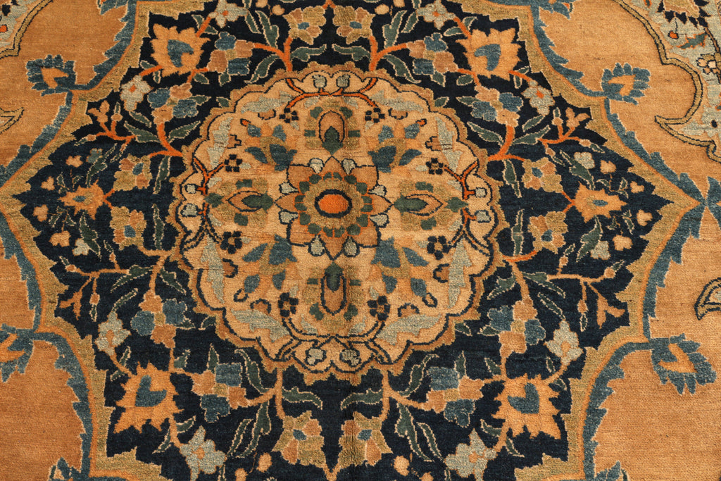 Antique Doroksh Geometric-Floral Yellow And Blue Wool Persian Rug 10657