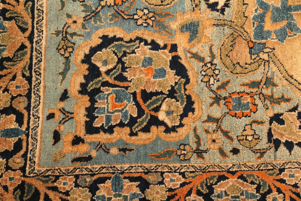 Antique Doroksh Geometric-Floral Yellow And Blue Wool Persian Rug 10657