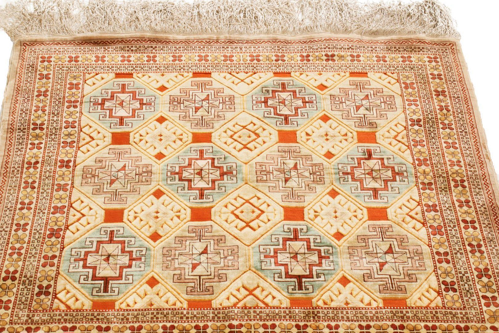 Antique Hereke Geometric Beige Silk Rug