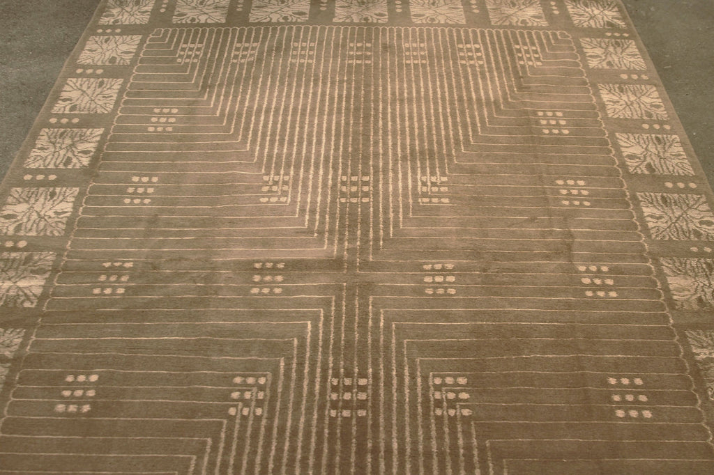 Rug & Kilim's Contemporary Art Deco Geometric Beige Brown Wool And Silk Custom Rug “ Maze