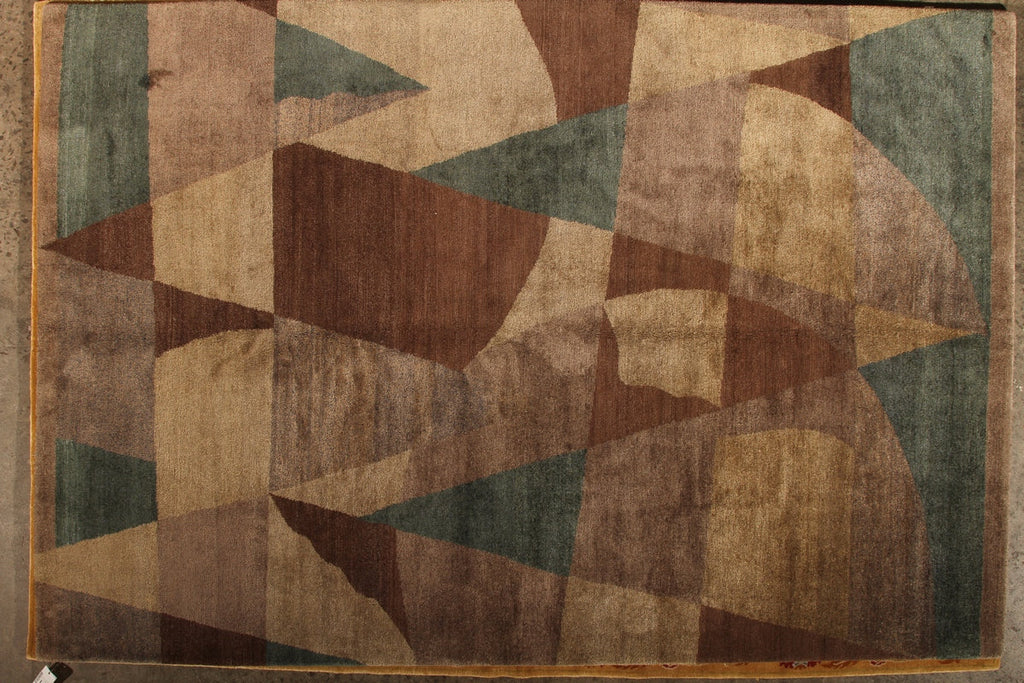 Rug & Kilim's Custom Modern Geometric Beige Brown And Blue Wool And Silk Rug - "Nargis"