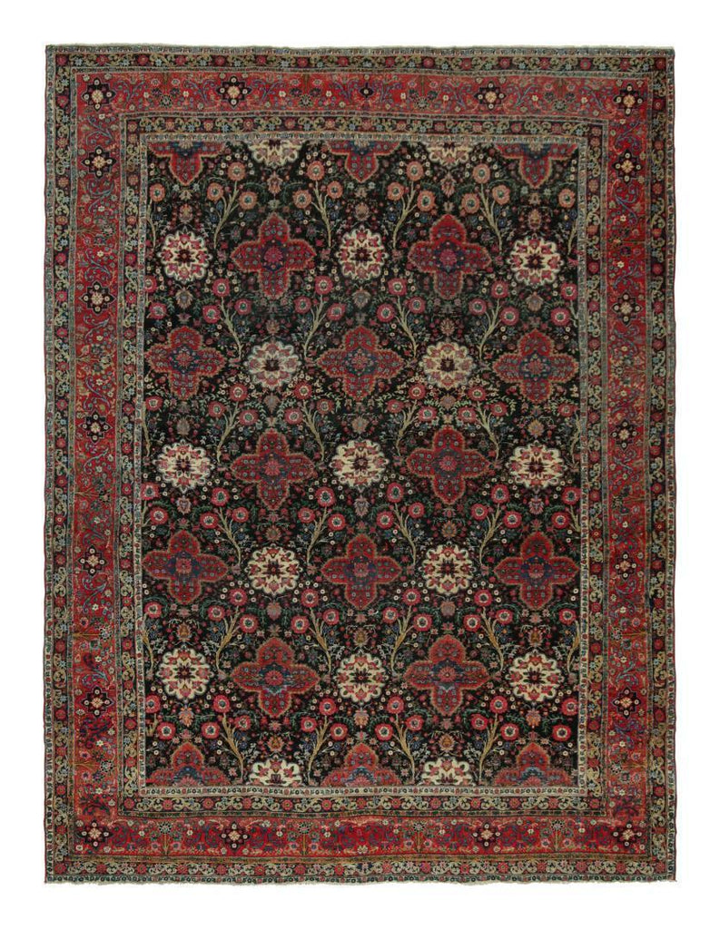 Antique Persian Rug In Black With Red Floral Patterns “ By Rug & Kilim