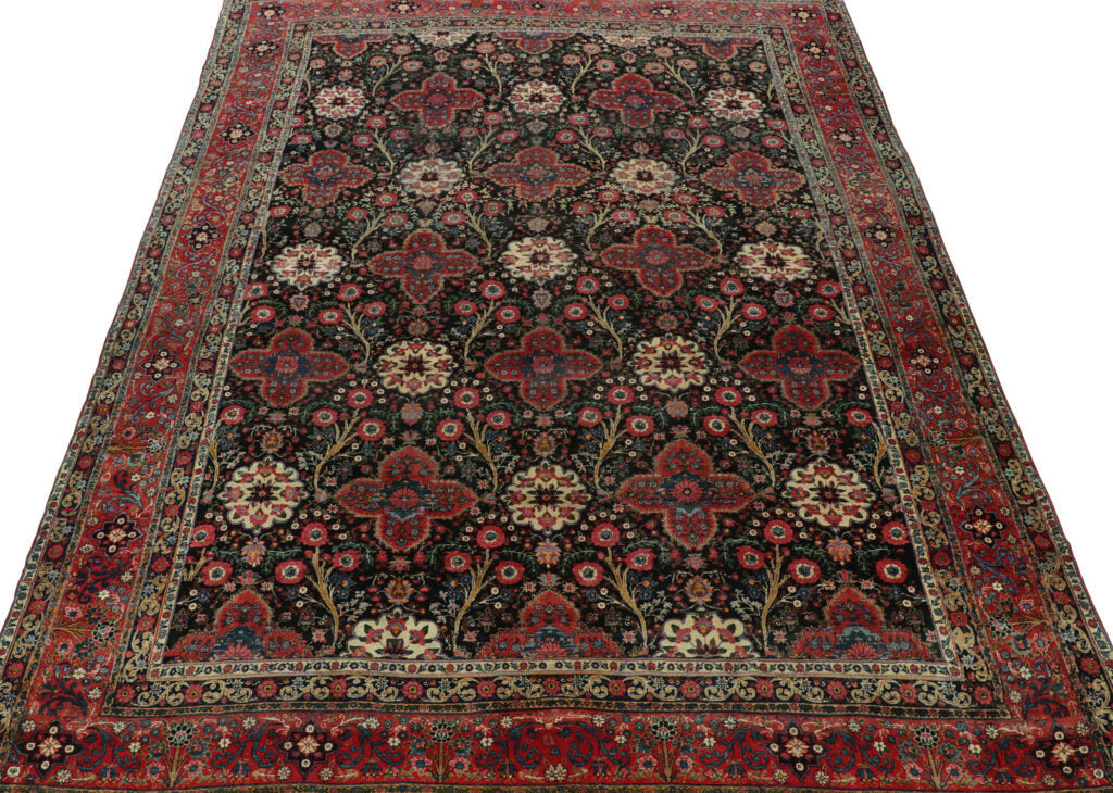 Antique Persian Rug In Black With Red Floral Patterns “ By Rug & Kilim