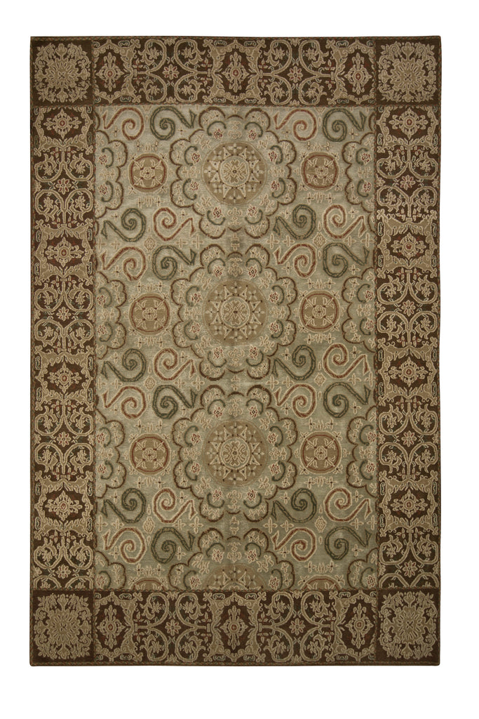 Rug & Kilim's Custom Transitional Beige Brown And Blue Wool And Silk Rug - "Cartagena"