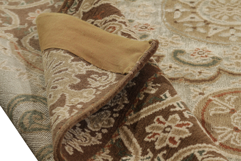 Rug & Kilim's Custom Transitional Beige Brown And Blue Wool And Silk Rug - "Cartagena"