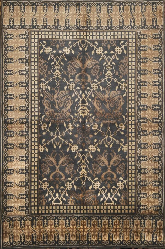 Rug & Kilim's Custom Dragon Pictorial Beige-Brown And Blue Wool & Silk Rug 11756