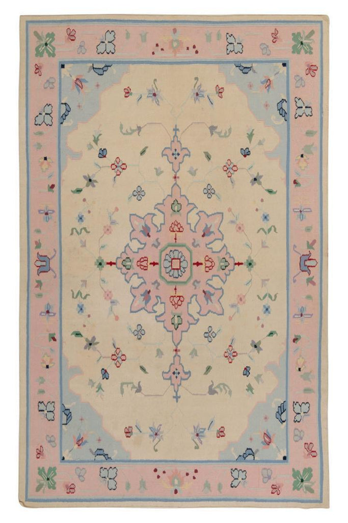 Contemporary Dhurrie Flatweave, Beige, Pink Floral Medallion By Rug & Kilim