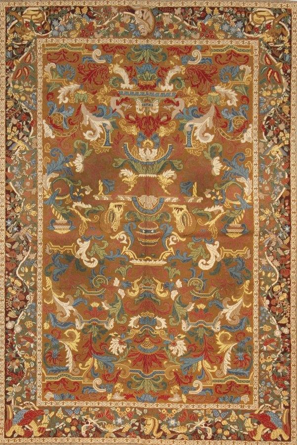 Rug & Kilim's Needlepoint Beige-Brown Yellow And Blue Wool Floral Rug