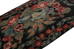 Vintage Bessarabian Kilim Black Red Blue Floral Flat Weave Wool Rug 12258