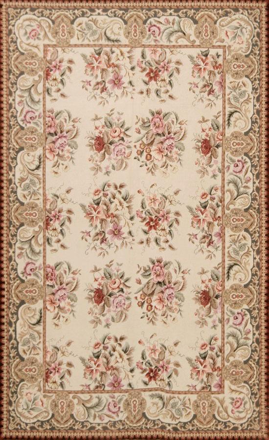 Rug & Kilim's Needlepoint Cream Pink And Green Wool Floral Rug