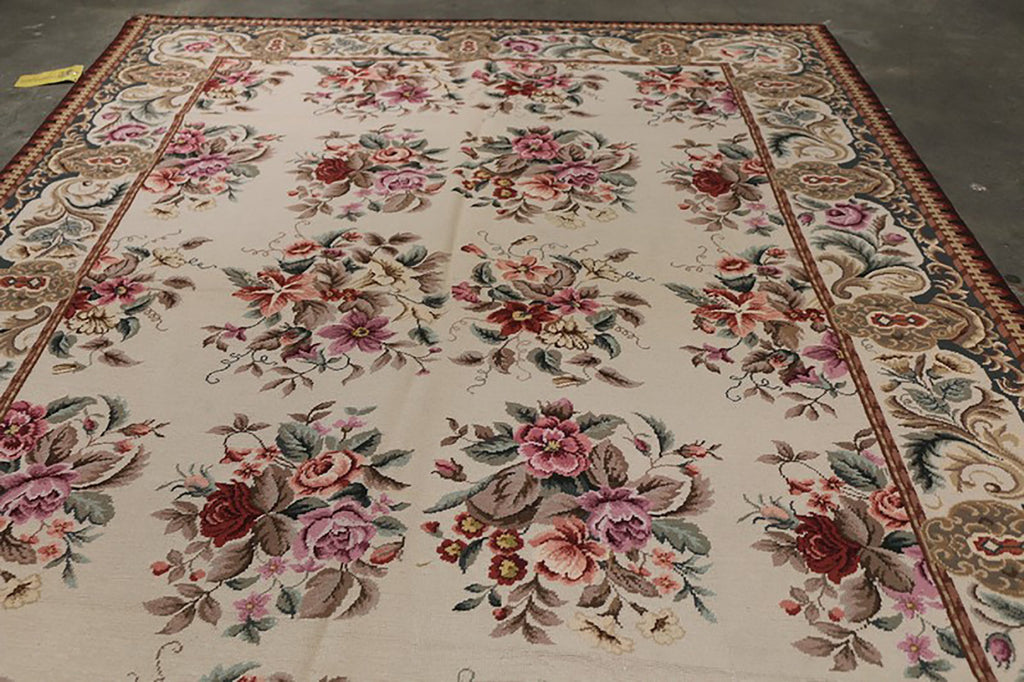 Rug & Kilim's Needlepoint Cream Pink And Green Wool Floral Rug