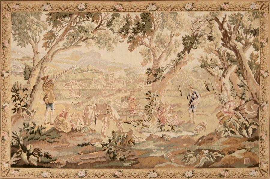 Rug & Kilim's European Pictorial Beige Brown Green And Pink Wool Tapestry