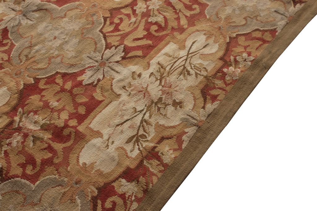 Aubusson Flat Weave Hand Woven Beige-Brown Red Floral Pattern