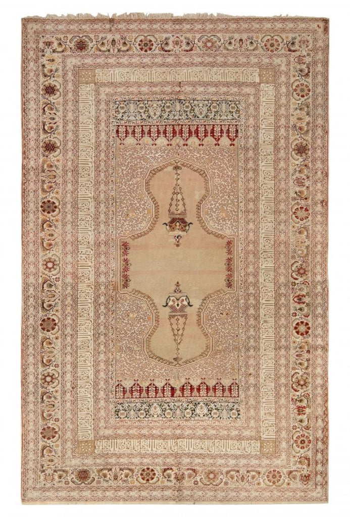 Hand-Knotted Antique Ghiordes Rug In Beige-Brown And Pink Floral Pattern