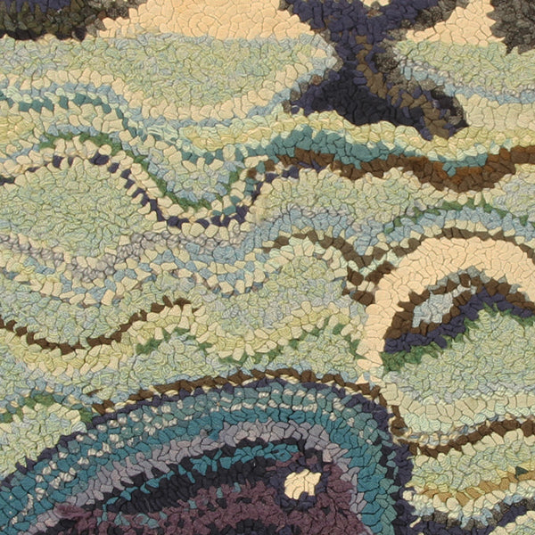 Antique Hand-Hooked Pictorial Beige-Brown Blue And Green Wool Rug “ Whales 12754