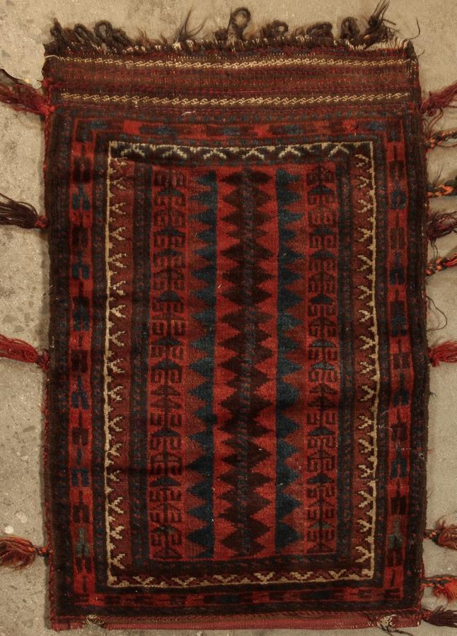 Antique Geometric Brown Red And Blue Wool Persian Kilim “ Bag Rug 12782