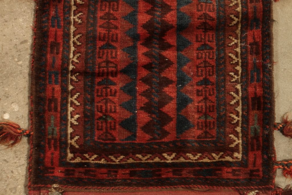 Antique Geometric Brown Red And Blue Wool Persian Kilim “ Bag Rug 12782