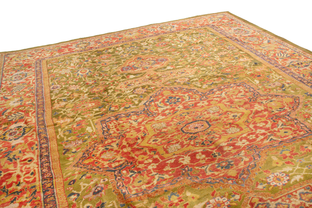 Antique Sultanabad Geometric Floral Red And Green Wool Rug