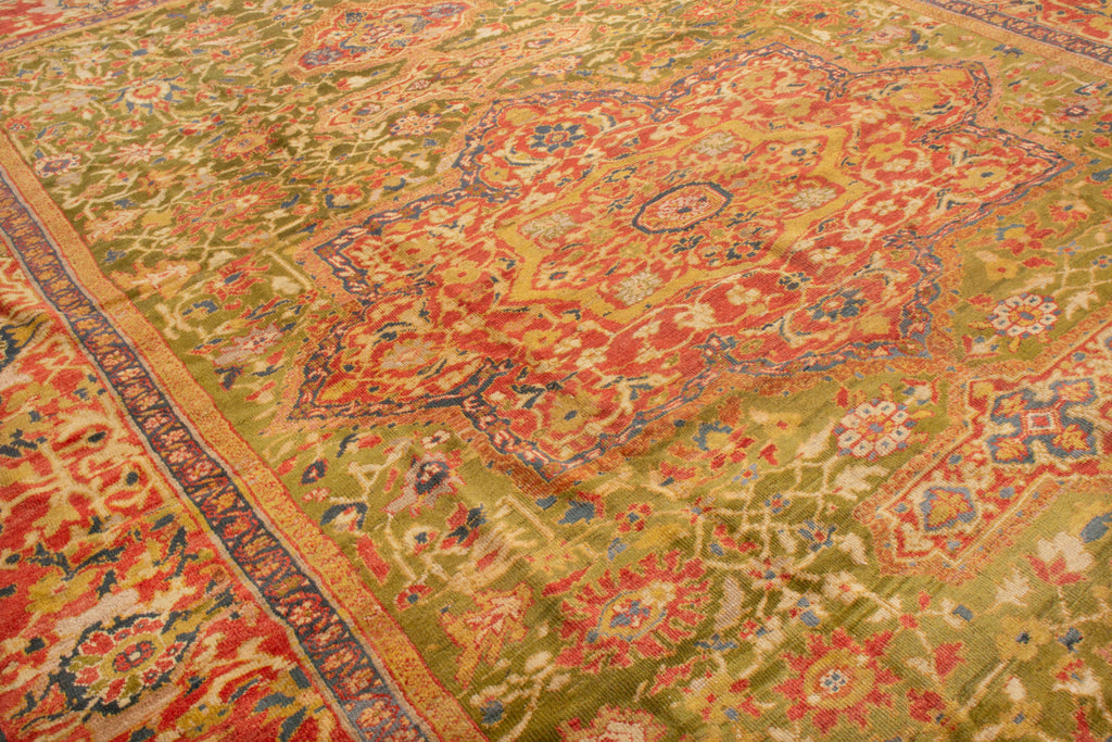 Antique Sultanabad Geometric Floral Red And Green Wool Rug