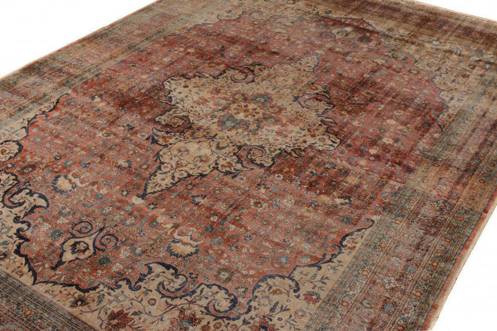 Hand-Knotted Antique Tabriz Persian Rug In Orange, Beige-Brown Medallion Pattern