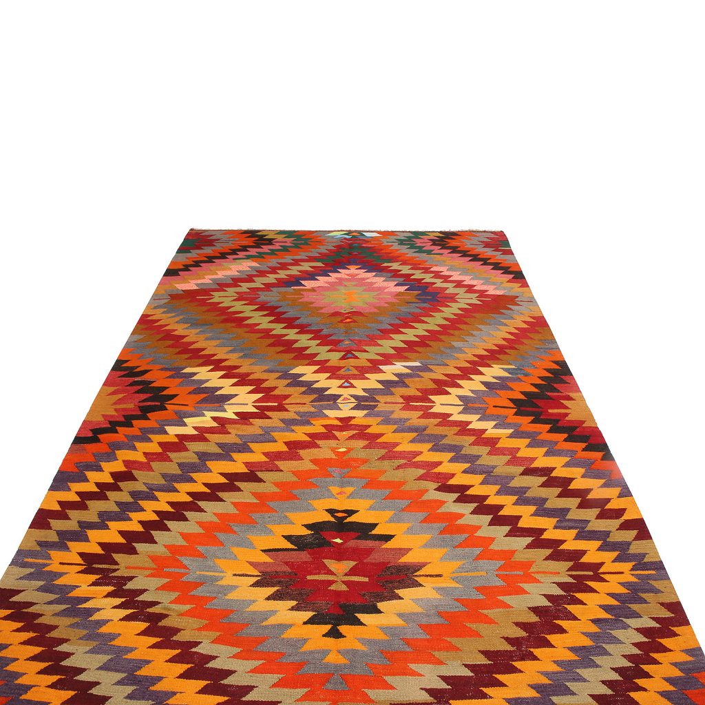 Vintage Mid-Century Geometric Multicolor Wool Kilim Rug 19787