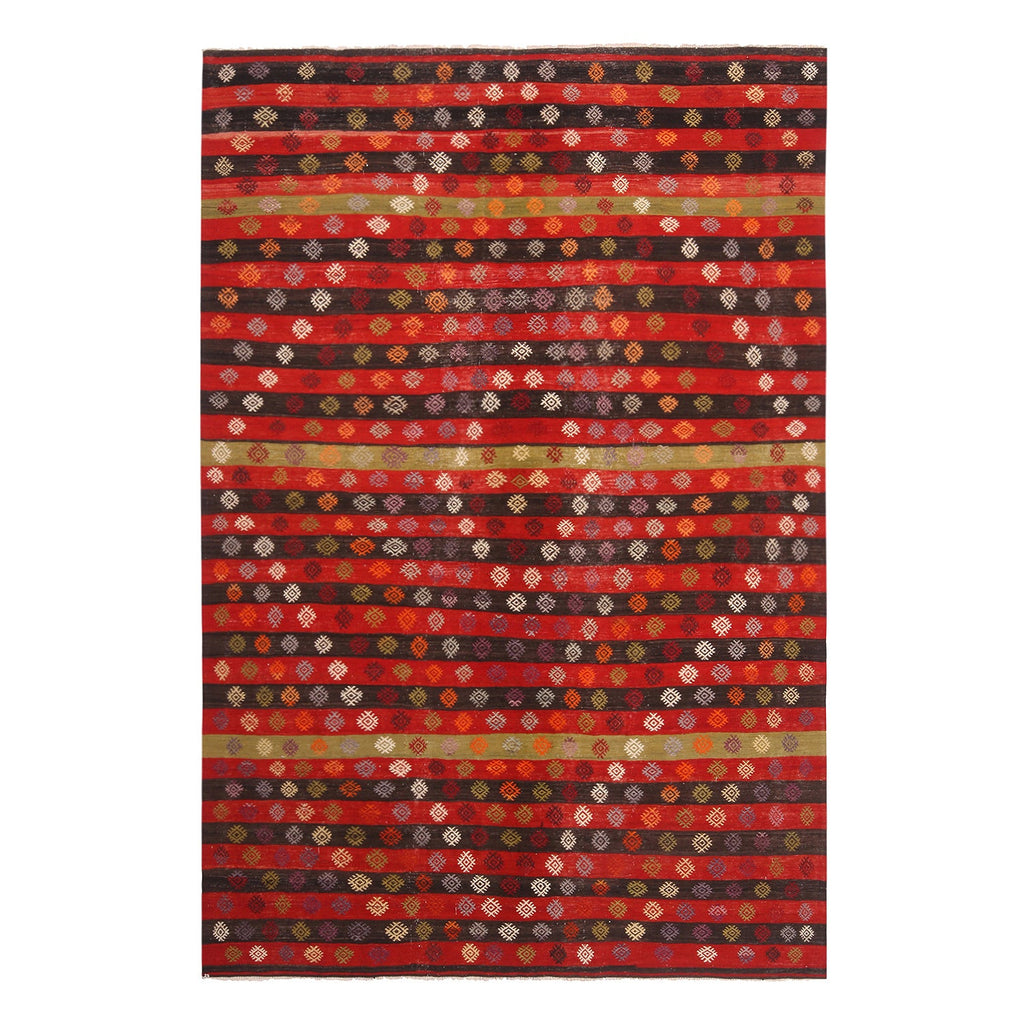 1940S Vintage Turkish Kilim In Red, Black And White Geometric Patterns