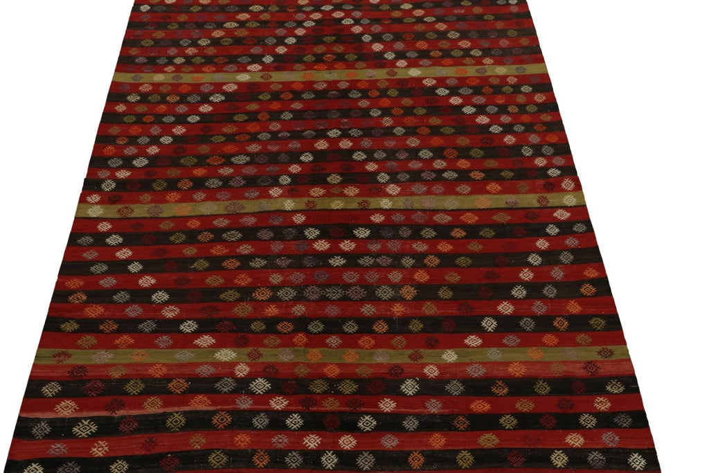 1940S Vintage Turkish Kilim In Red, Black And White Geometric Patterns
