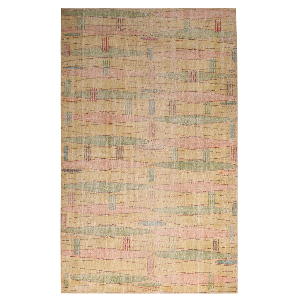 Vintage Mid-Century Green-Yellow And Pink Wool Runner 19944