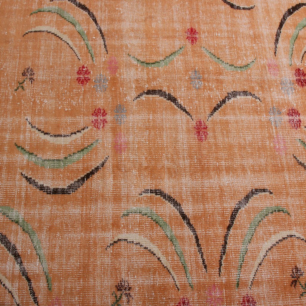 Vintage Mid-Century Peach Pink And Green Geometric Wool Rug 19993