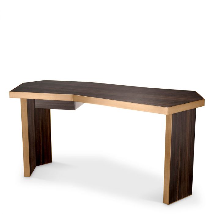 Desk Xenon Eucalyptus Veneer Brushed Brass Finish