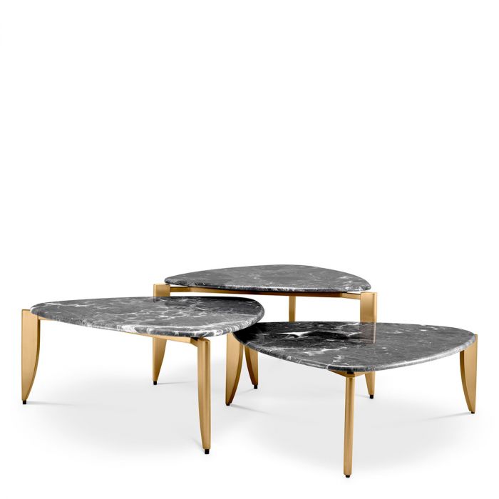 Coffee Table Reggioni Brushed Brass Finish Grey Marble Set Of 3