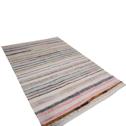 Vintage Chaput Geometric Striped Beige Pink And Blue Multicolor Wool Kilim Rug 20030