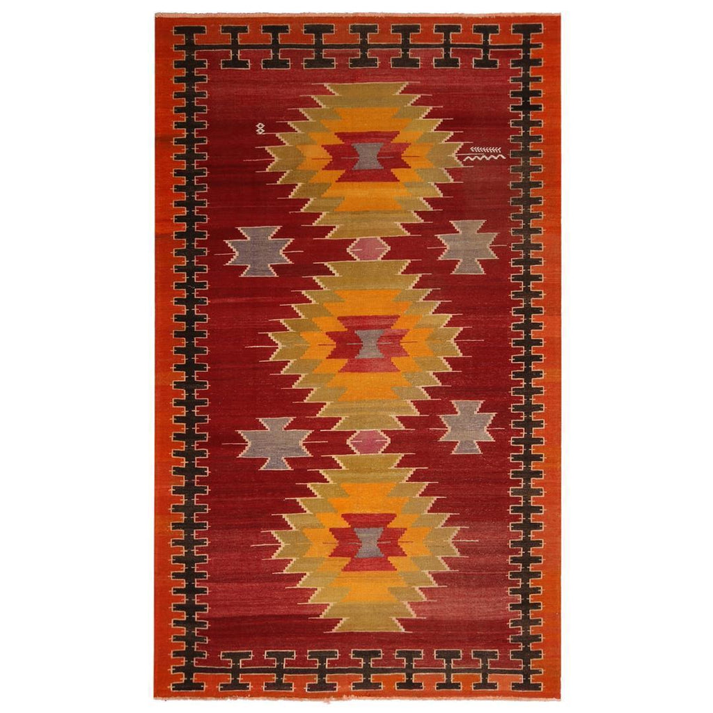 Vintage Mid-Century Mut Red-Orange Wool Tribal Kilim Rug 20089