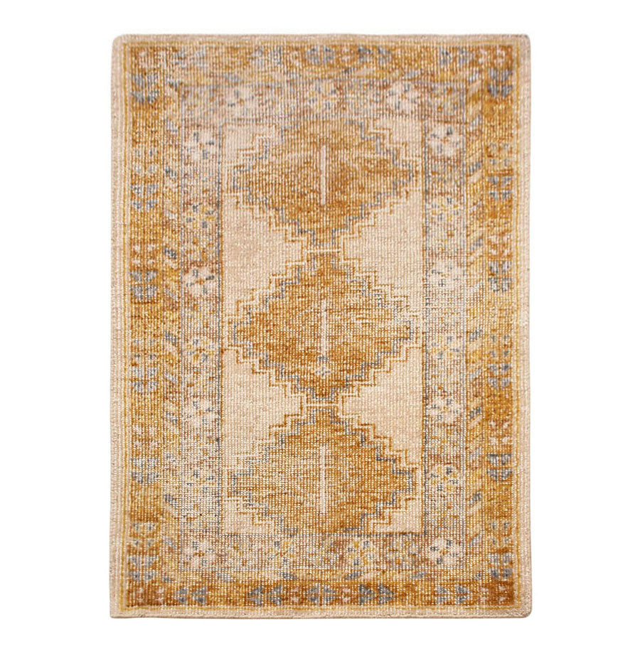 Rug & Kilim's Distressed Gift Sized Rug “ Gold And Beige-Brown Geometric Design 23152