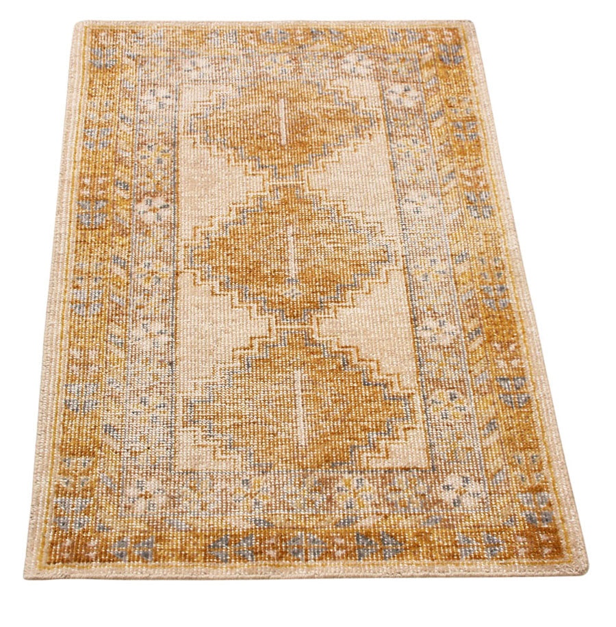 Rug & Kilim's Distressed Gift Sized Rug “ Gold And Beige-Brown Geometric Design 23152