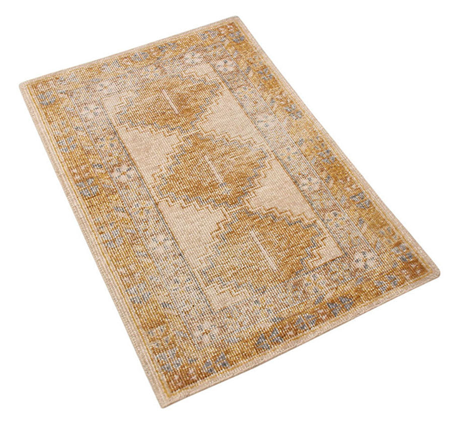 Rug & Kilim's Distressed Gift Sized Rug “ Gold And Beige-Brown Geometric Design 23152