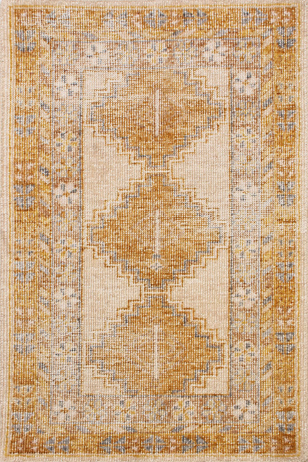 Rug & Kilim's Distressed Gift Sized Rug “ Gold And Beige-Brown Geometric Design 23152