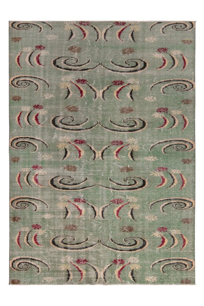 1960S Mid-Century Vintage Art Deco Rug “ Distressed Green Geometric Pattern 23338