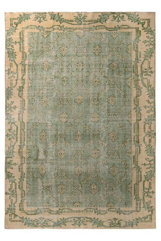 1960S Mid-Century Vintage Distressed Rug Green And Beige French Country Inspired 23343