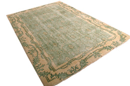 1960S Mid-Century Vintage Distressed Rug Green And Beige French Country Inspired 23343